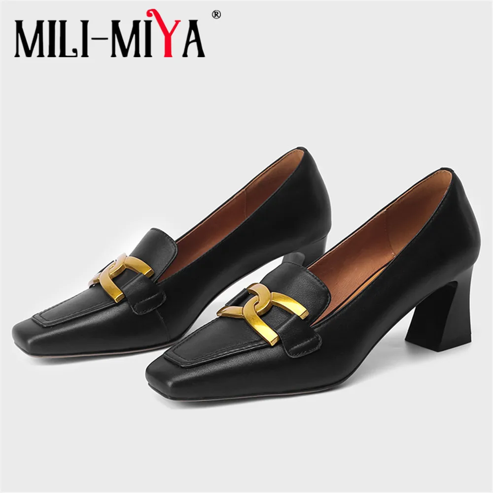 MILI-MIYA New Genuine Leather Loafers Shoes Women Spring Thick High Heels Black Beige Apricot Metal Design Square Toe Pumps