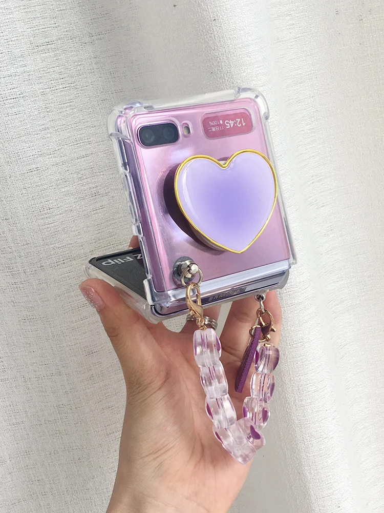 For Samsung Galaxy Z Flip Fold 6 5 2 3 4 5G F7110 Unique Cute Heart Strap Wrist Stand Holder Clear Phone Case Cover