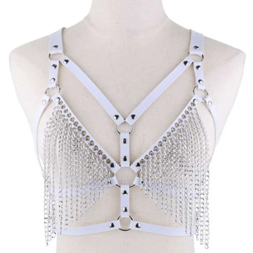 القوطي الجلود الجسم تسخير سلسلة الصدرية مثير الملابس الداخلية مجوهرات للجسم للنساء المعادن شرابة الصدر حزام على شكل سلسلة الثدي الصدرية S1159