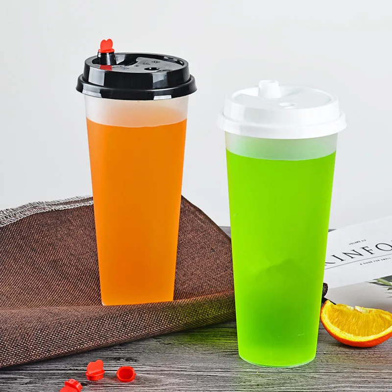 1000Pcs/Lot 500/600/700ml Milk Tea Drink Cup Disposable Transparent Frosted Plastic Beverage Cup With Lid Factory wholesale