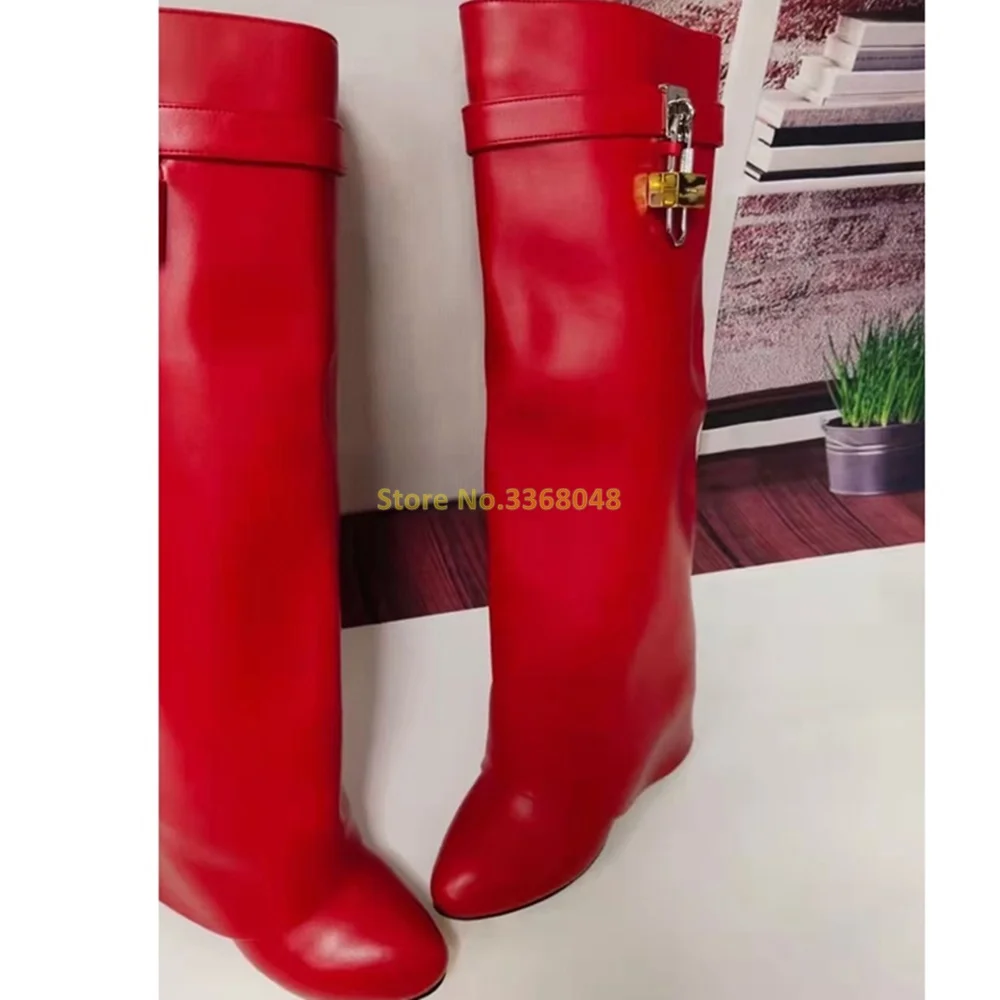 Shark Boots With Lock New Arrivals Hot Sale Leather Knee High Wedges Height Increase Round Toe Solid  Fashion Women Boots