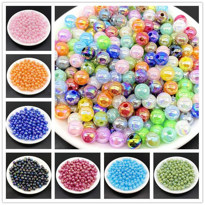 6 8 10mm AB Color Plating Acrylic Beads Loose Spacer Round  Jewelry Making DIY