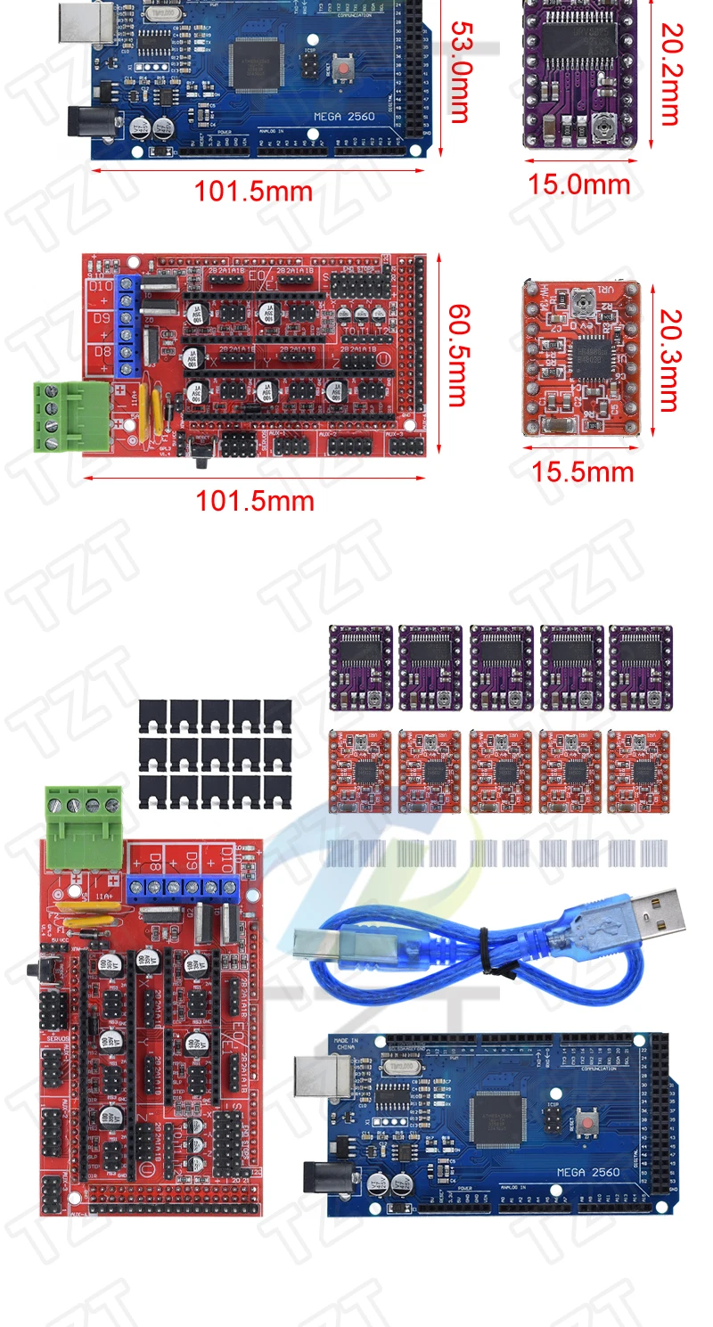 TZT Mega 2560 R3 + RAMPS 1.4 Bedienfeld + 5 Stück A4988 oder DRV8825 Schrittmotorantrieb für Arduino – Detail 5
