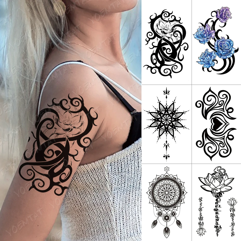 

Waterproof Temporary Tattoo Sticker Lotus Rose Totem Flash Tatto Mandala Love Body Art Arm Water Transfer Fake Tatoo Women