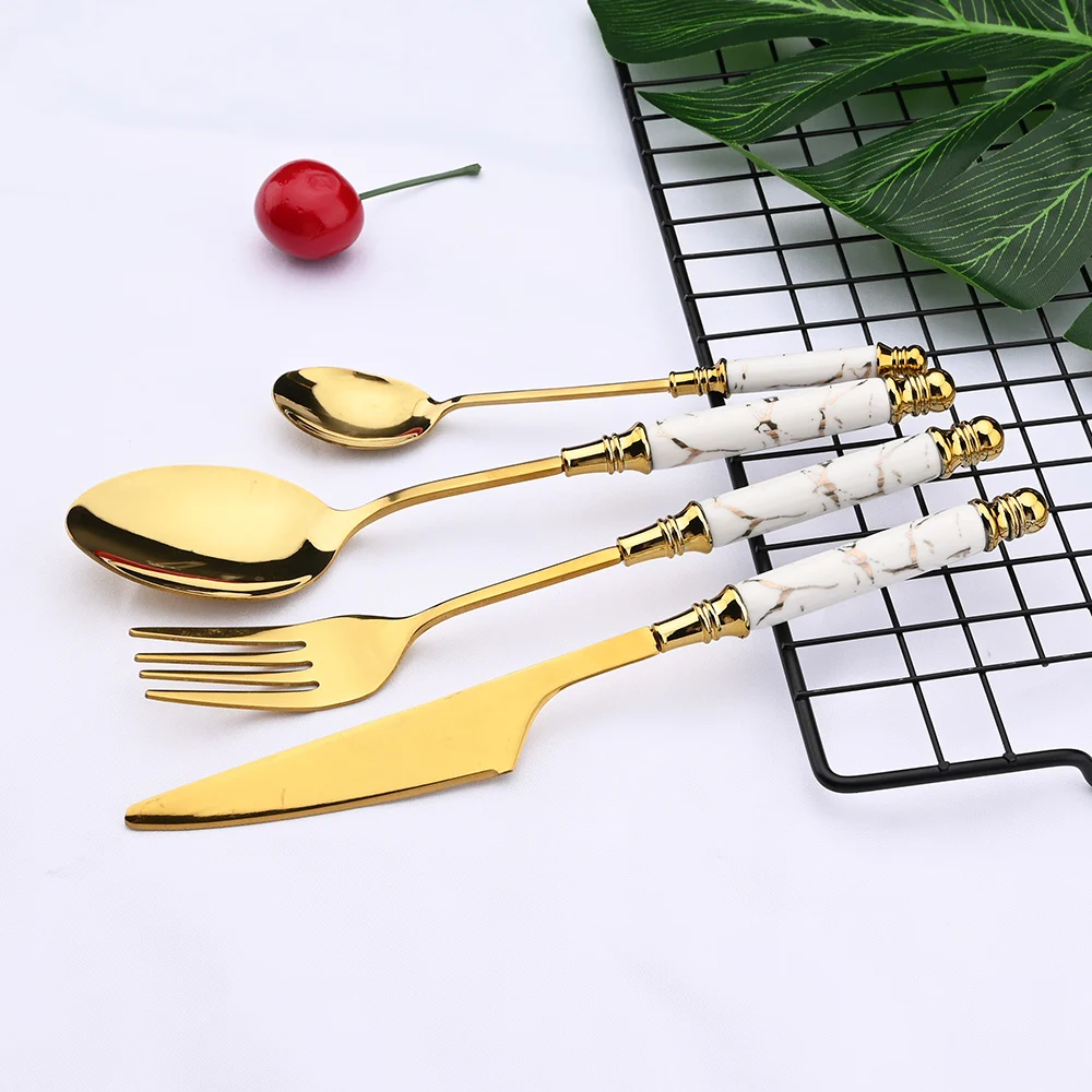 Mirror Ceramic Handle Tableware Set White Gold Flatware Fork Spoon Knife Set Stainless Steel Dinnerware Cutlery Set Dinner Set