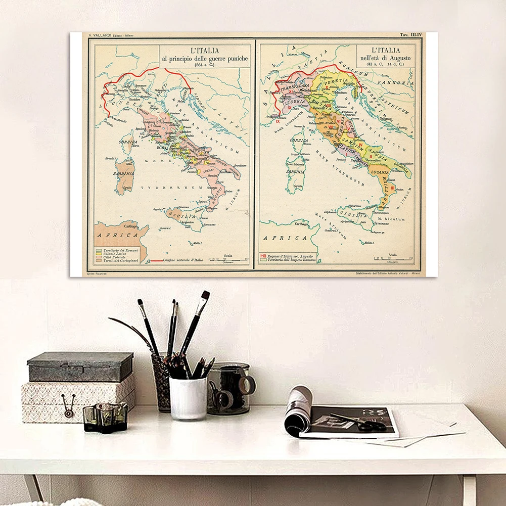 150*100 cm The Italy Retro Map Vinyl Canvas Painting Wall Art Poster Classroom Home Decoration School Supplies