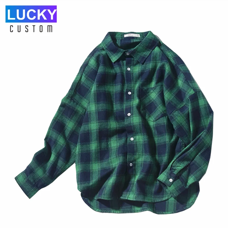 Men Blouses Turn-Down Collar Spring Shirts Plaid  Korean Style Long Sleeves Shirt TopsAll-Match Loose Outwear Female 4 Colors