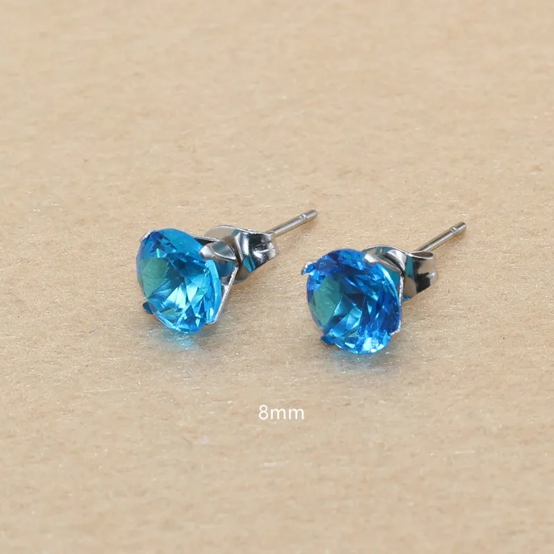 8mm 20 Colors For Choose AAA Zircons Stainless Steel Stud Earrings No Fade Allergy Free