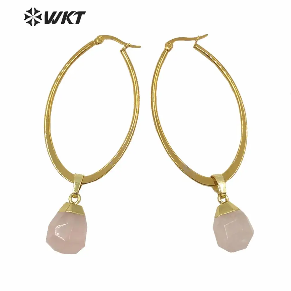 WT-E641 Wholesale gold electroplated women drop earrings natural stone charm earrings big size oval dangle earrings