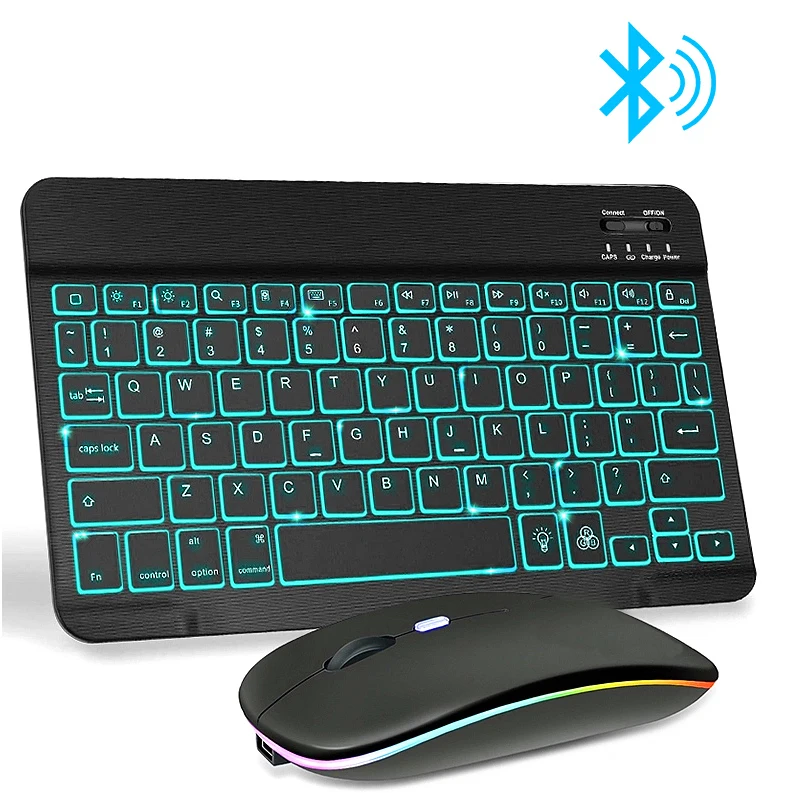 10Inch Mini Wireless Keyboard And Mouse RGB Bluetooth Keyboard Mouse Set Backlight Russian Keyboard For Computer Phone Tablet PC