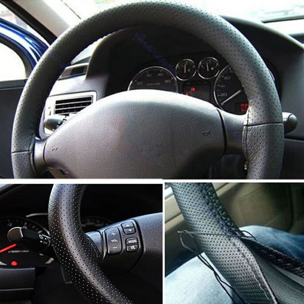 DIY Car-Styling Auto PU Leather Car Steering Wheel Covers With Needles and Thread Interior accessories Black 37-38cm