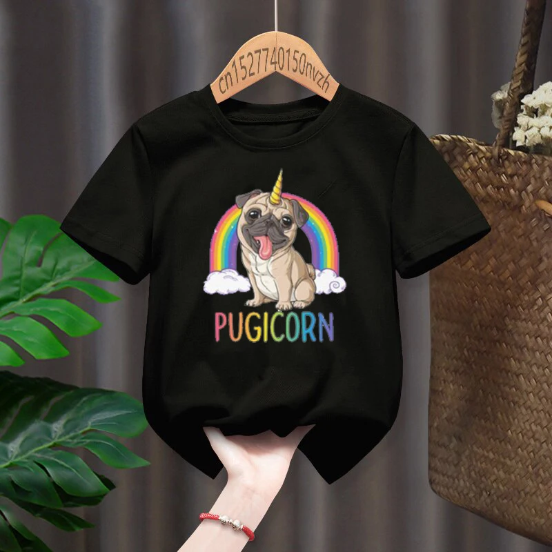 Pugicorn Pug Unicorn Print Red Kid T-shirts Children Baby Black Harajuku Kawaii Clothes Boy Girl Tops Gift Present ,Drop Ship