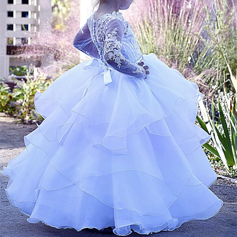 Vestidos blancos formales de flores hinchadas para niñas, joya de boda, manga larga de encaje, vestidos de fiesta de princesa, vestido de primera comunión escalonado