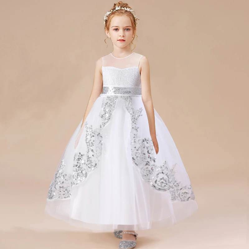 White Long Bridesmaid Kids Dresses For Girls Sequin Gown Party And Wedding Dress Girl Clothing Princess Dress 4 10 12 Years