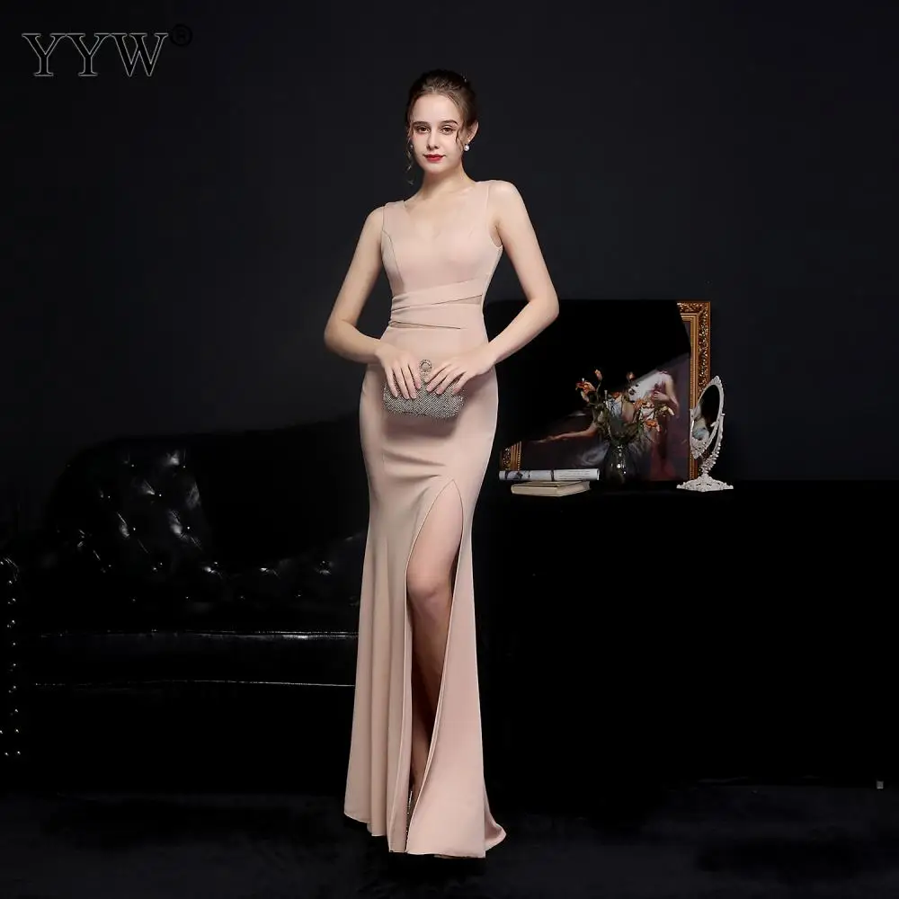 

2021 Elegant Women Sleeveless Long Evening Dress High Side Slit Sexy Bodycon V Neck Party Dresses vestido graduacion mujer