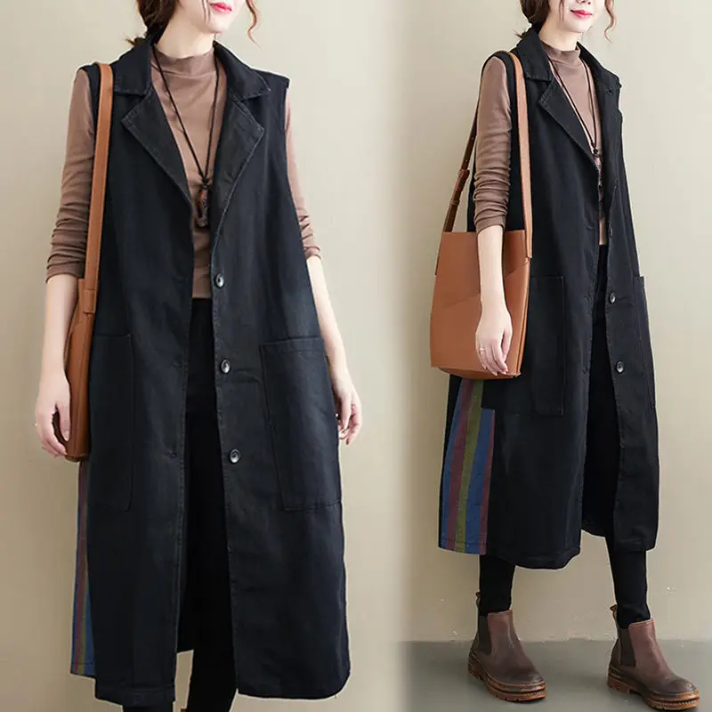 Women's Striped Stitching Sleeveless Denim Windbreaker Women's Breasted Suit Collar Mid-Length Waistcoat Autumn Vest Y487