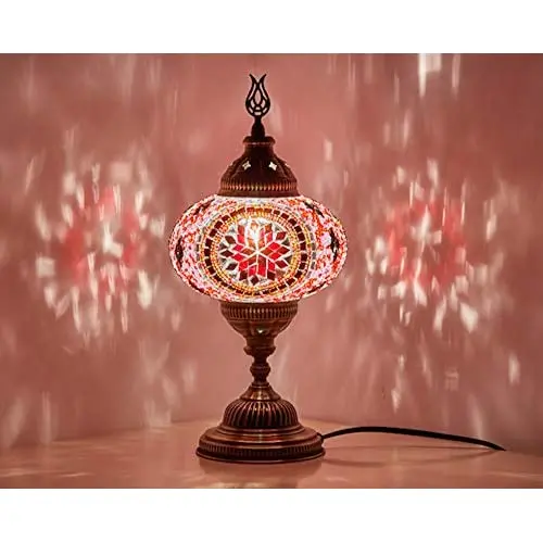 

LaModaHome 2019 English Moroccan Mosaic Table Bedside Night Tiffany Bedside Lamp for US Use, Pink & Multicolor