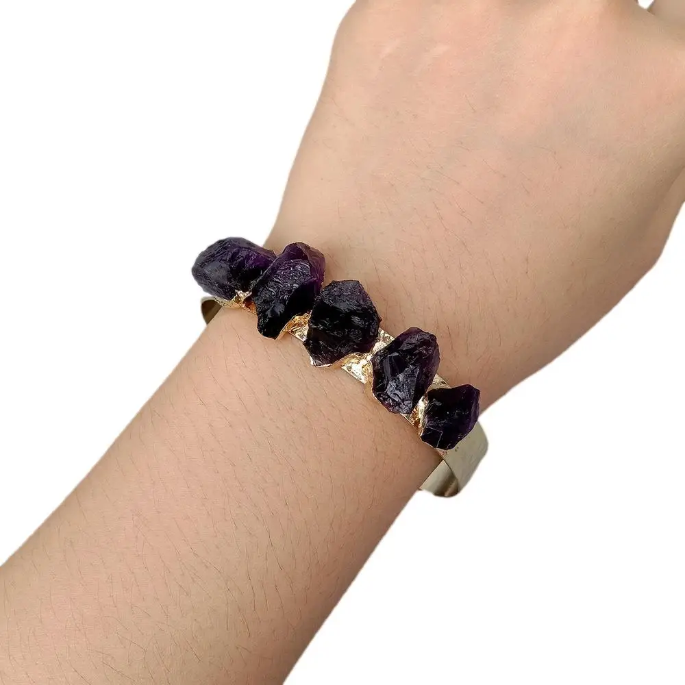 YYGEM Cute style Natural Purple Amethyst Rough Raw Gold Plated Bangle Gold Color Electroplated Bracelet Adjustable
