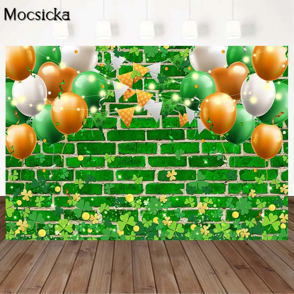 

Mocsicka Green Brick Wall Shamrocks Photography Backdrops St.Patrick's Day Backdrop Balloon Decor Studio Photocall Custom Banner