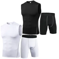 Men Sport Tight Shorts Pants Vest Boy Tank Sleeveless T-Shirt Top Compression Singlet Fitness Outdoor Workout Training Cycling