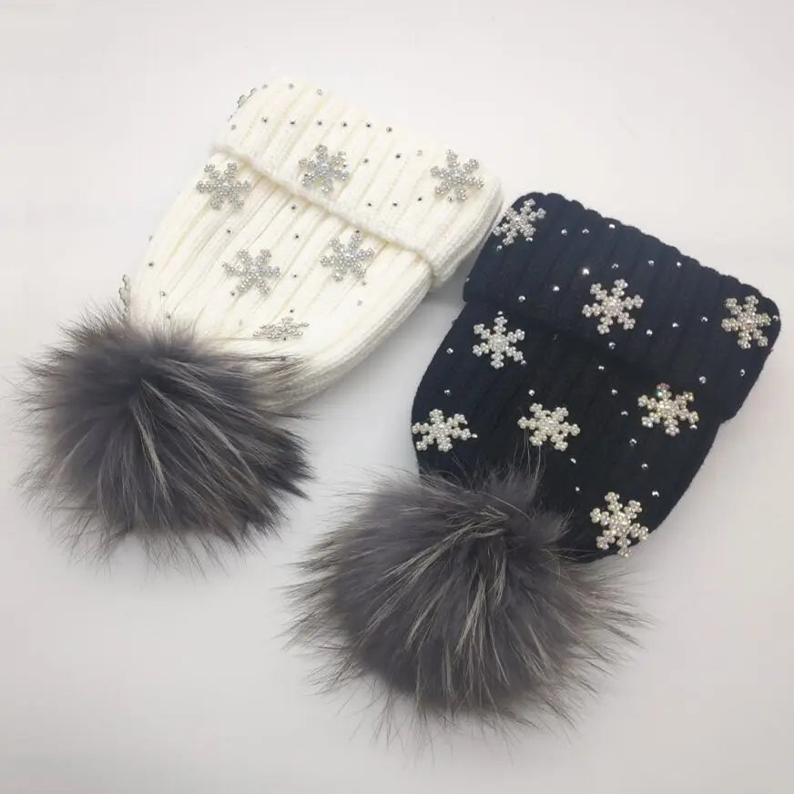 

Winter 100% Real Fur Pom pom Beanies Curled Cotton Knitted Skullies Cap Women thick warm Snow Christmas Knitting Hat