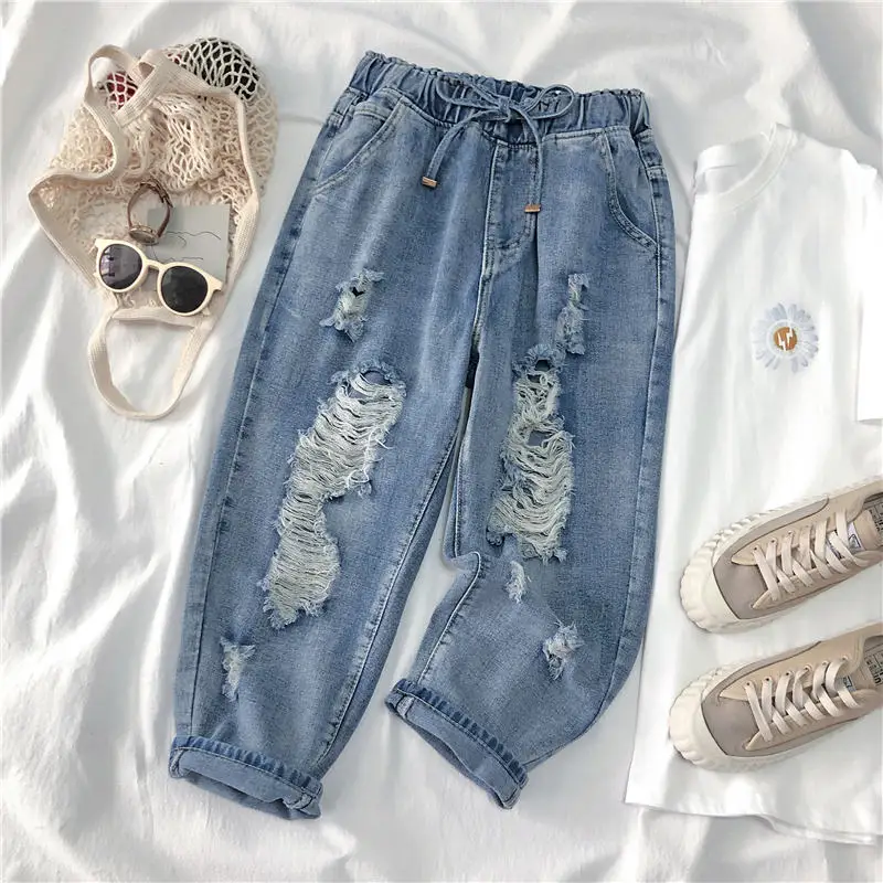 

L-4XL Plus Size Boyfriend Jeans For Women Elastic Waist Loose Summer Denim Trousers Vintage Casual Hole Ripped Mom Jeans C7408