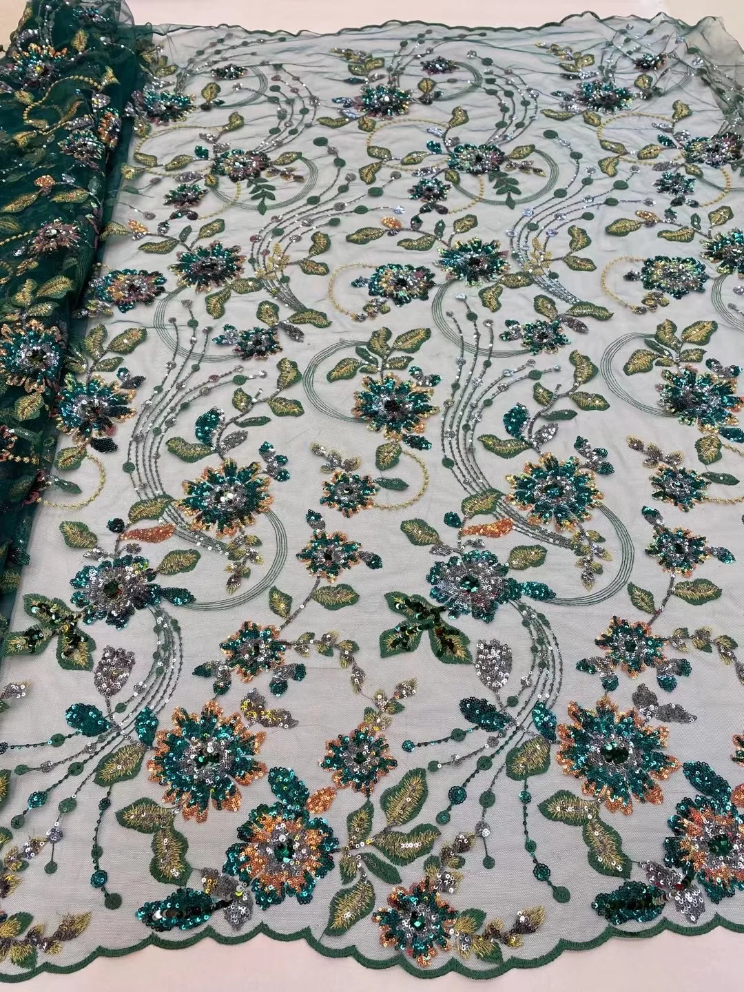 

(5yards/pc) High quality green African tulle lace fabric wonderful embroidered sequins French net lace for party dress FRX017
