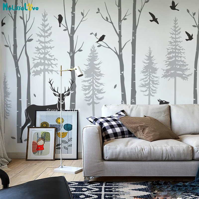 

Birch Trees Pine Trees with Deer Wall Stickers Forest Decals Large Size Woodland Home Baby Room Decor Handmade YT5307