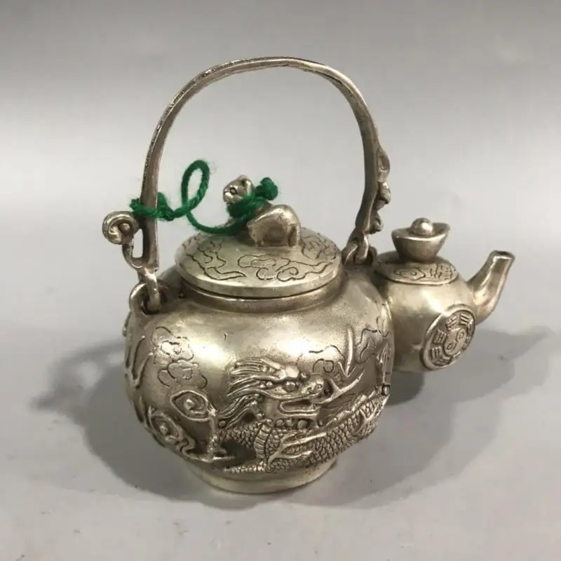 Collection Chinese Carving Cupronickel Handmade Old Tibet Silver Handwork yuanbao gourd Dragon pot teapot collection Statue