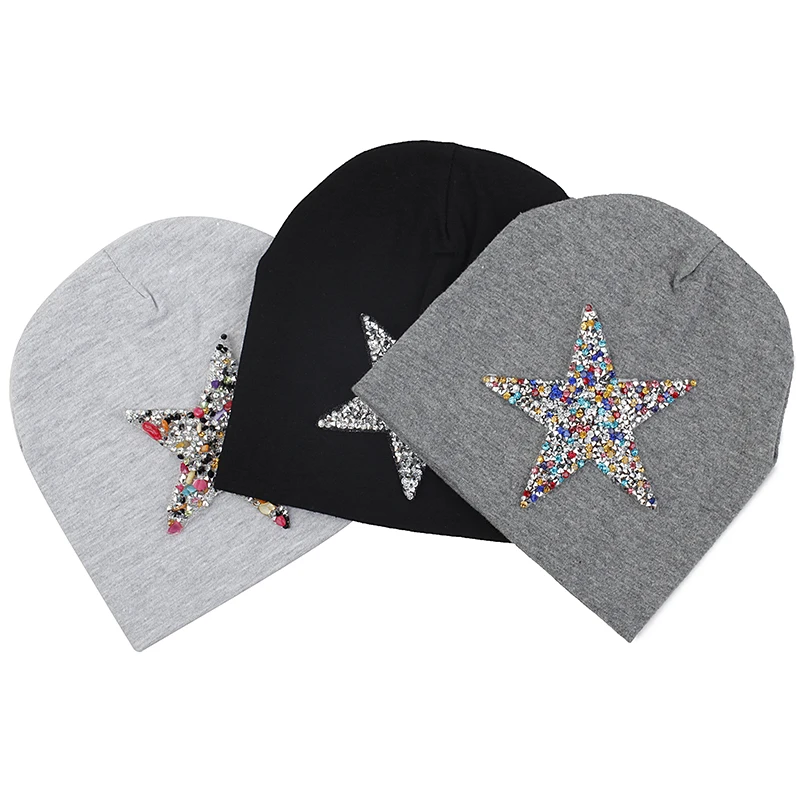 Colorful Stone Newborn Beanies Rhinestone Hats Girls Cotton Baby Pentagram Caps Boys Infant Candy Color Handmade Hats