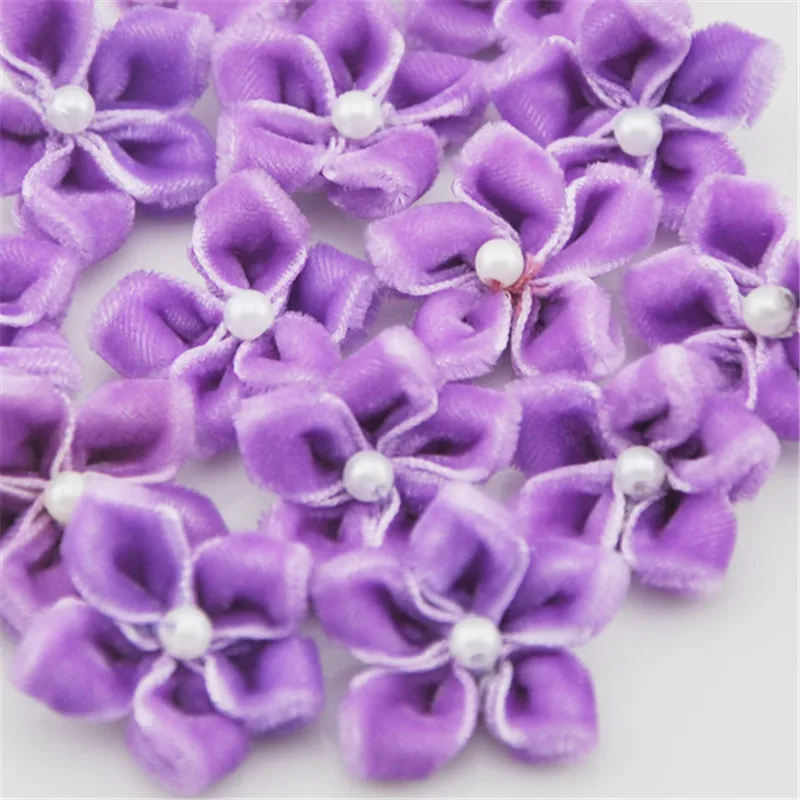 20pcs velet ribbon flowers w/bead appliques wedding decoration sewing crafts B025