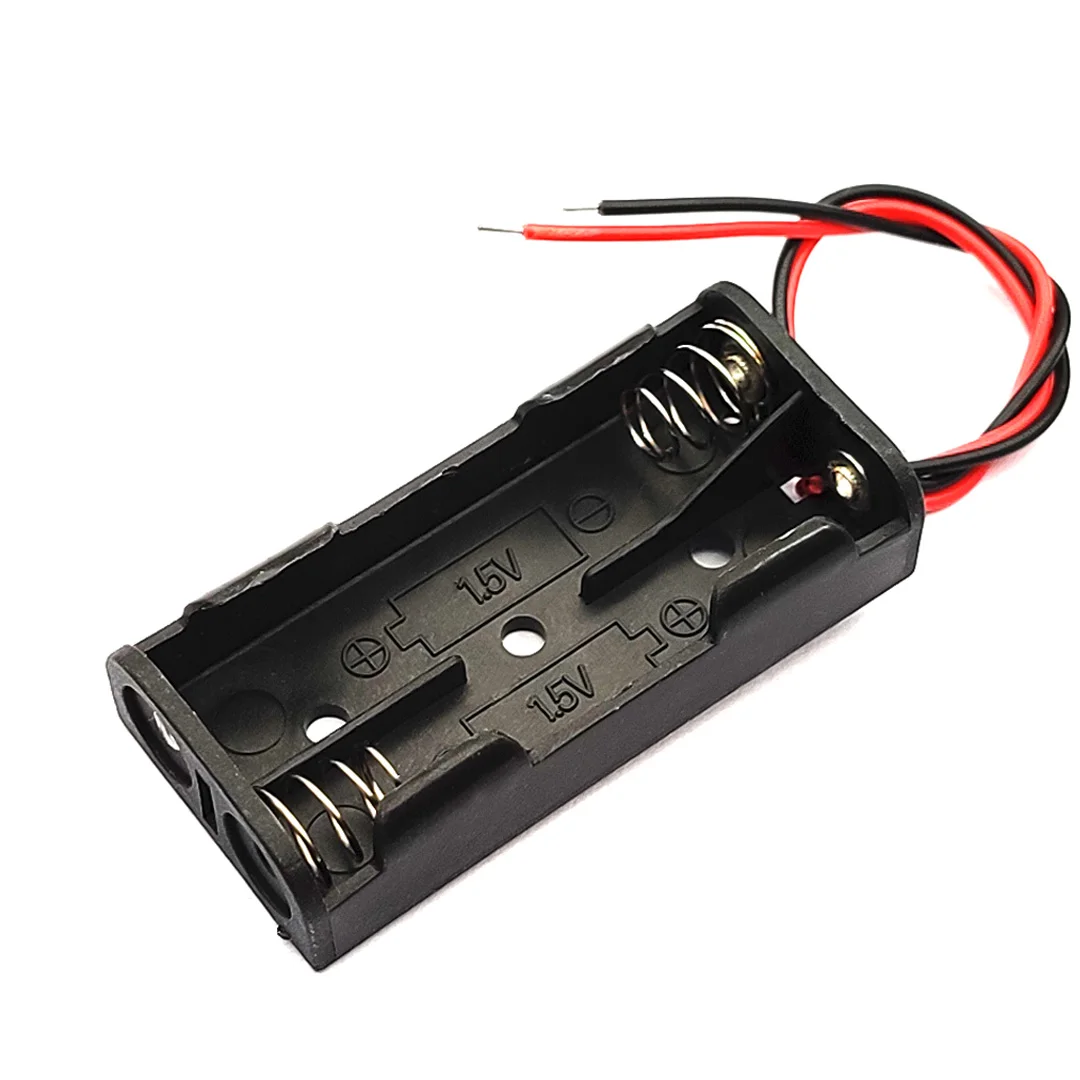 1Pcs AAA 2 X 1.5V Battery Holder Case Battery Box With Leads 2 Slots AAA Black Plastic