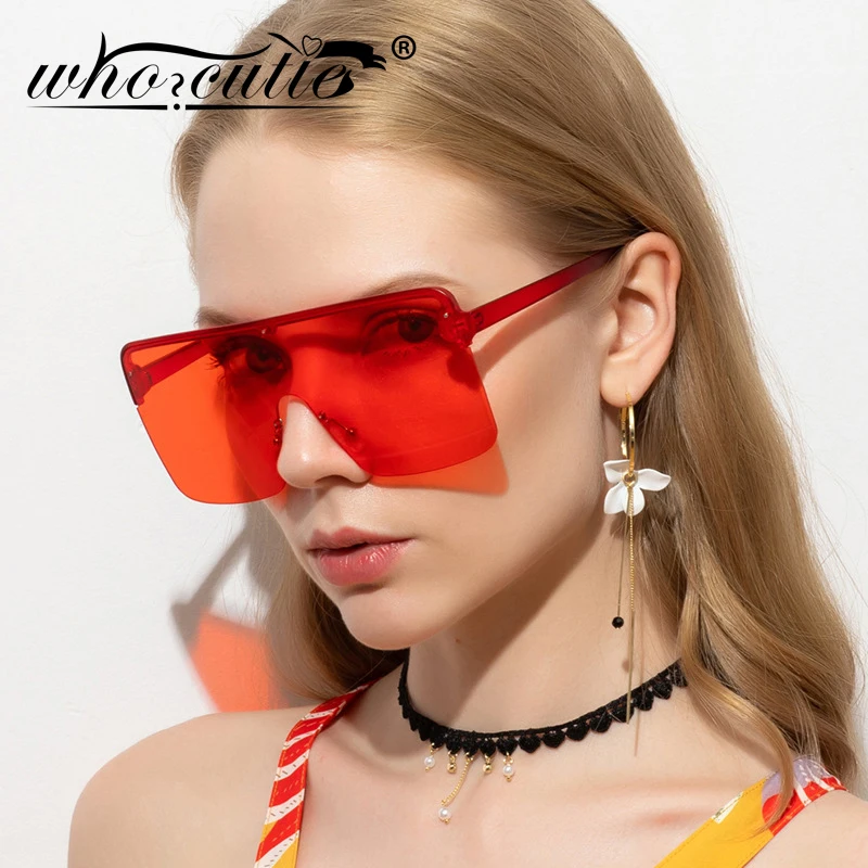 Oversized Flat Top Sunglasses Women 2021 Brand Design Retro Vintage Square Half Frame One Piece Red Sun Glasses Gray Shades S421