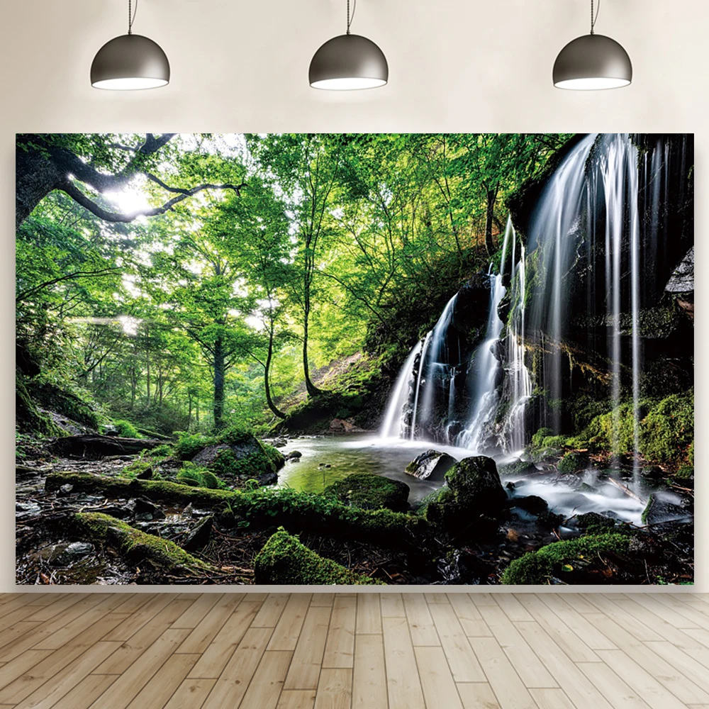 Green Forest Mountain Waterfall Natural Scenery Photography Prop Interior Photocall Backdrop Family Portrait Photo Background