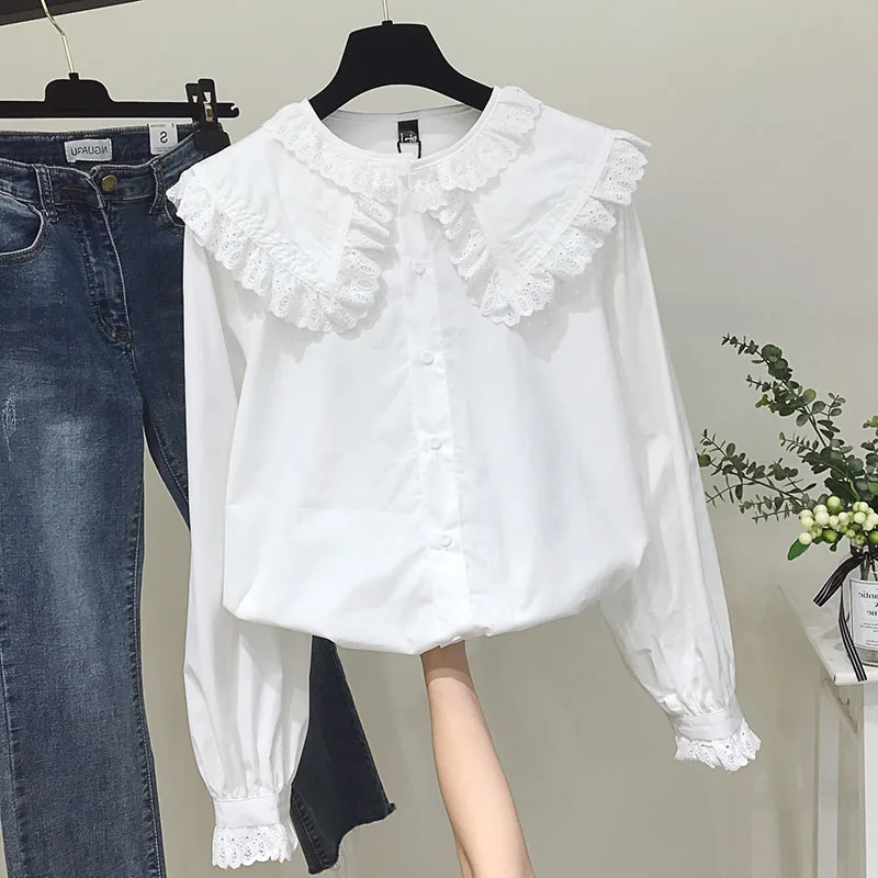 Women Chic Peter Pan Collar Shirts Korean Style Trendy Girl Cute Sweet Ruffles Lolita Lace Blouse Kawaii Lovely Daily Streetwear