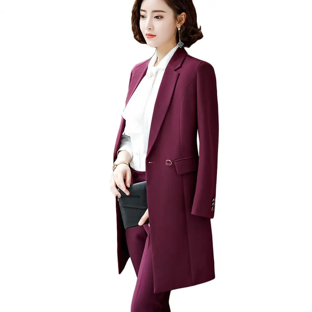 2019 New Winter Women Long Blazer Elegant Long Sleeve Formal For Office Lady Black Blue Red