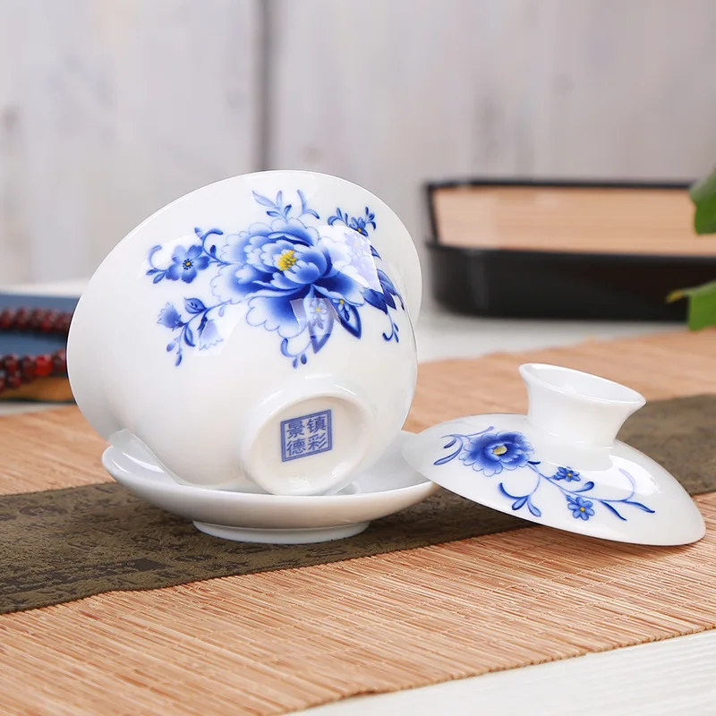 High grade white porcelain Gaiwan ceramic tea set Sancai cover bowl blue and white tea set tea bowl 150ml