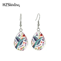 Brids and Flower Art Flower Fish Hook Earrings Stainless Steel Glass Cabochon Earrings Jewelry