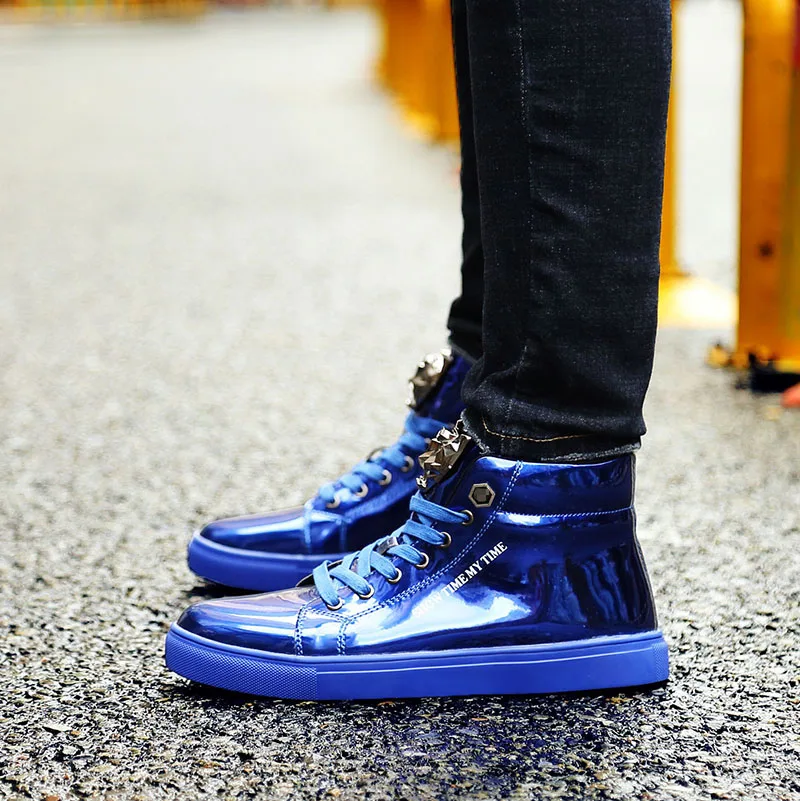 Spring Classic British Style Shiny Mens Shoes Casual Streetwear Fashion Blue Hip-hop High top Sneakers Men Casual Glitter Shoes