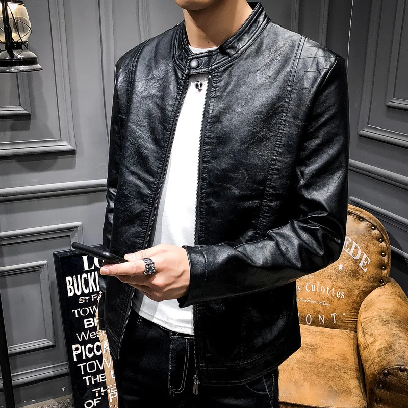 

Spring and autumn men's PU leather jacket new casual men's jacket stand collar slim leather jacket trend young men's clothing
