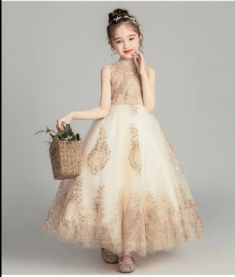 Golden Sequin Lace Girl Wedding Dress Long Flower Girl Dress Princess Party First Communion Gown Baby Girl Baptism Pageant Gown