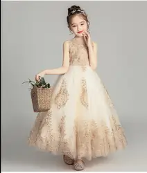 Golden Sequin Lace Girl Wedding Dress Long Flower Girl Dress Princess Party First Communion Gown Baby Girl Baptism Pageant Gown