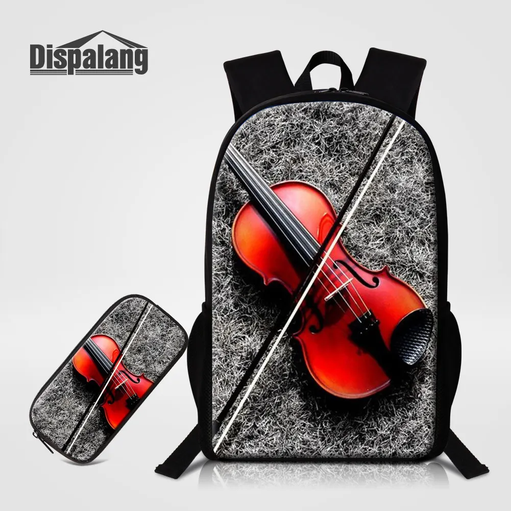 Violin Print Customizable Backpack with Pencil Case Set, DIY Heat Press Transfer School Bag for Kids Students, Children Bookbag