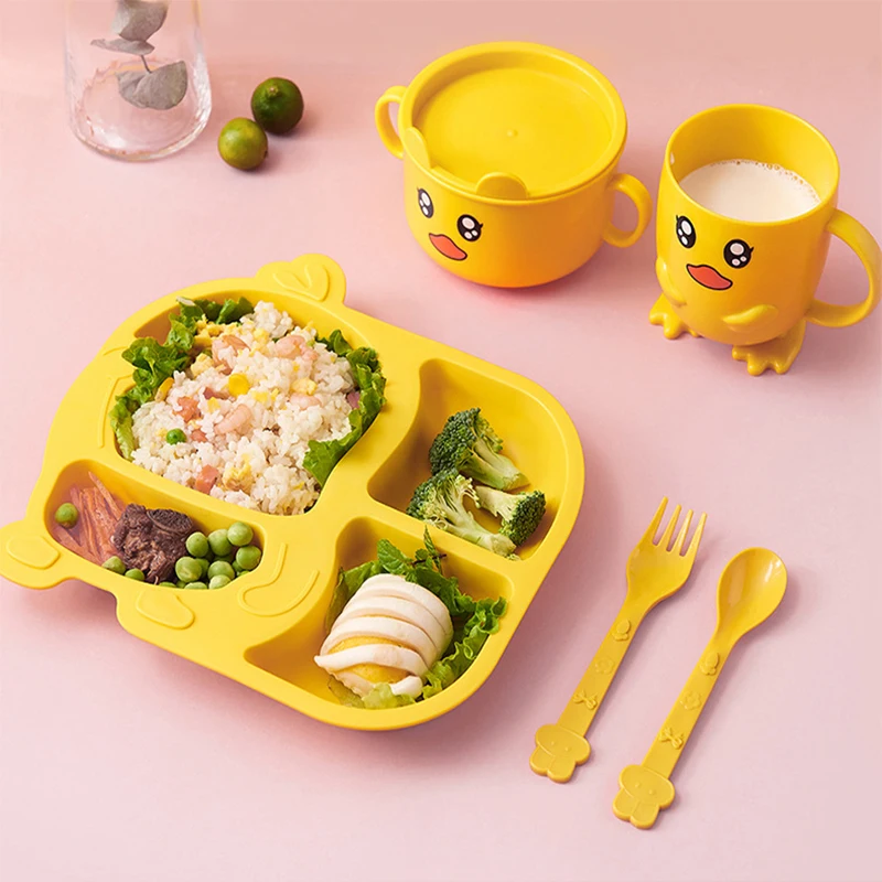 Imebaby children\'s tableware five-piece baby feeding plate set cute little yellow duck fork spoon rice spoon kid gift