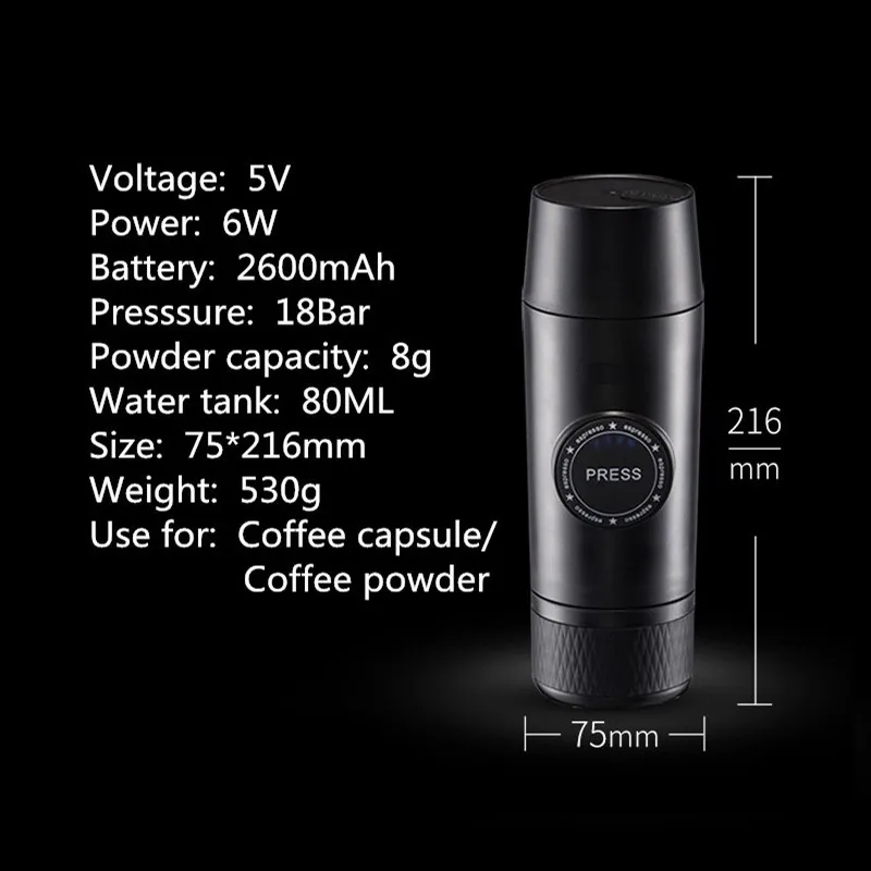 Portable Nespresso coffe maker Espresso Rechargeable Coffee Machine Outdoor Travebuilt-In Battery Extraction Powder & Capsule