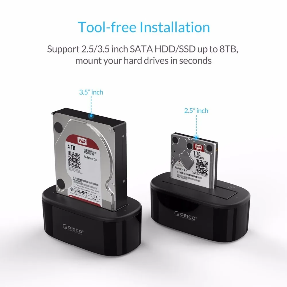 Orico 6218us3 uasp 2.5 3.5 polegada disco rígido docking station usb3.0 18tb simples-baía hdd gabinete e ssd disco rígido doca preto