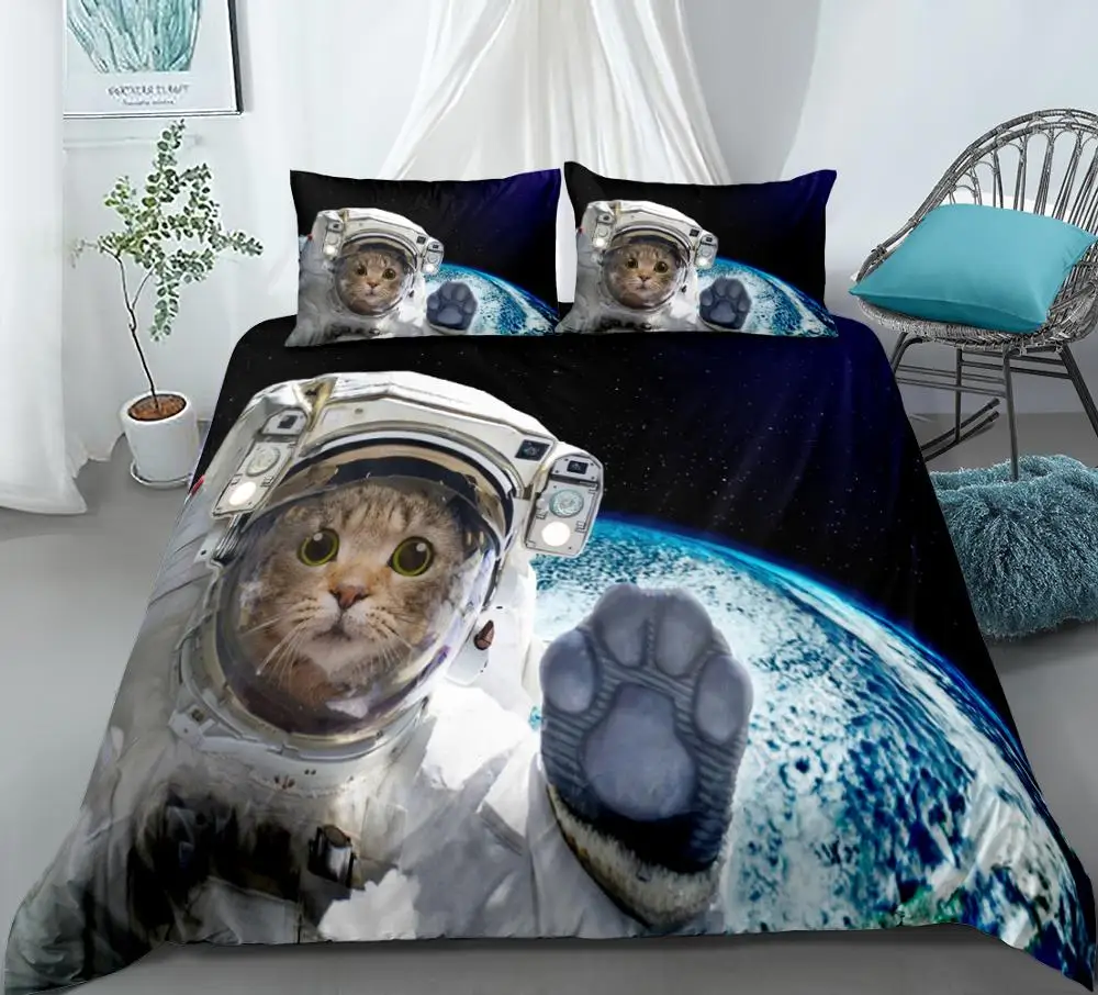 3D Space Cat Bedding Astronaut Cat Duvet Cover Set Teens Kids Galaxy Bedding Set Star Universe Quilt Cover King Pet Dropship