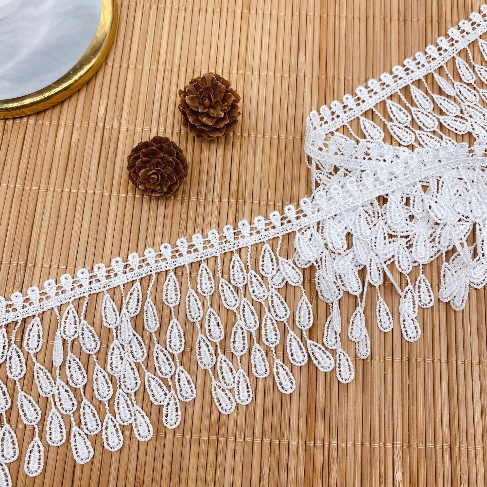 3Yards Lace Trim Sewing Ribbon Unilateral Water Drop Tassel Fringe Milk Silk Garment Curtain Home Furnishings Decorative Diy