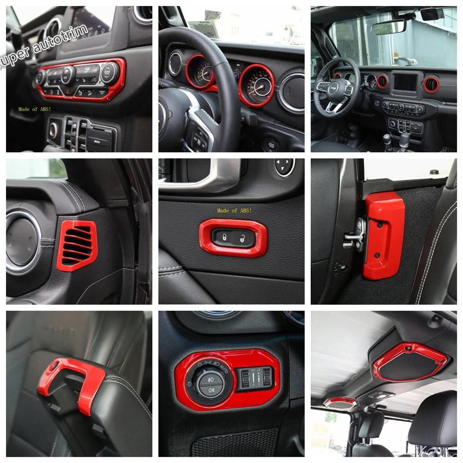 

Lapetus Red Interior Refit Kit For Jeep Wrangler JL 2018 - 2022 Dashboard / Pillar A / Roof Speaker / Head Lamps Cover Trim