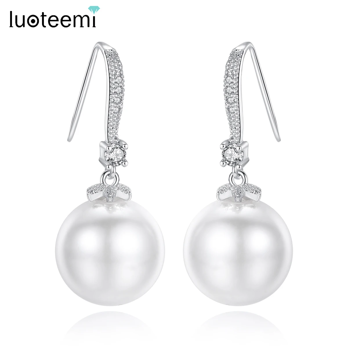 LUOTEEMI Elegant Round Imitation Pearl Dangle Earrings Dazzling CZ Women Engagement Wedding Graceful Accessories Chic Gifts